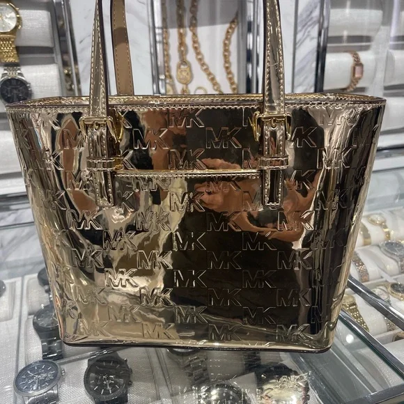 MICHAEL KORS Jet Set Extra-Small Metallic Logo Debossed Convertible TZ Tote Cros - Picture 9 of 16